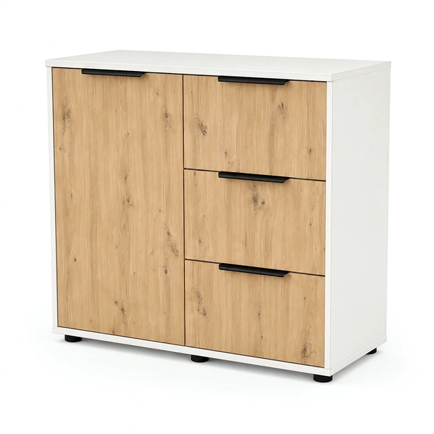 Современный комод Elva 800×450×750 с ящиками и полками для спальни, гостиной и прихожей Дуб Артизан/Белый - Фото 7 Современный комод Elva 800×450×750 с ящиками и полками для спальни, гостиной и прихожей Дуб Артизан/Белый - изображение 7