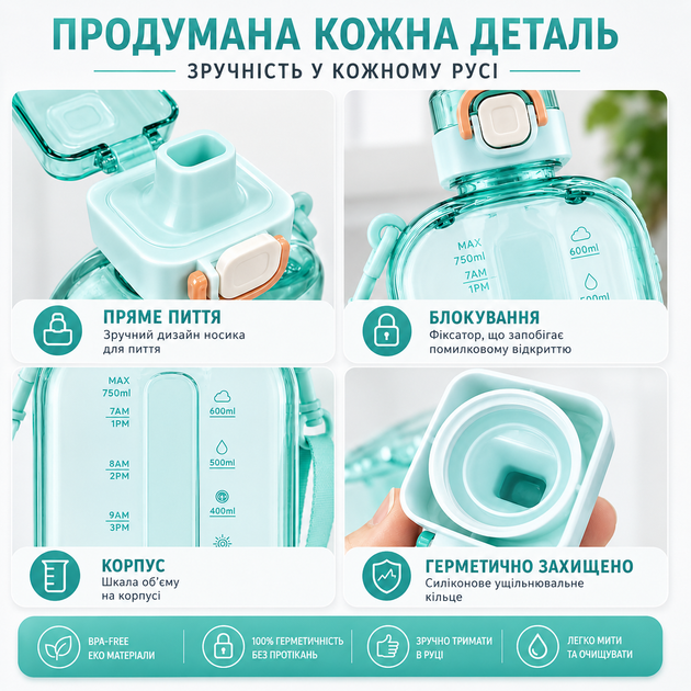 Еко-пляшка для води 750 мл бірюзова, BPA-free з ремінцем та мірною шкалою - Фото 4 Еко-пляшка для води 750 мл бірюзова, BPA-free з ремінцем та мірною шкалою - зображення 4