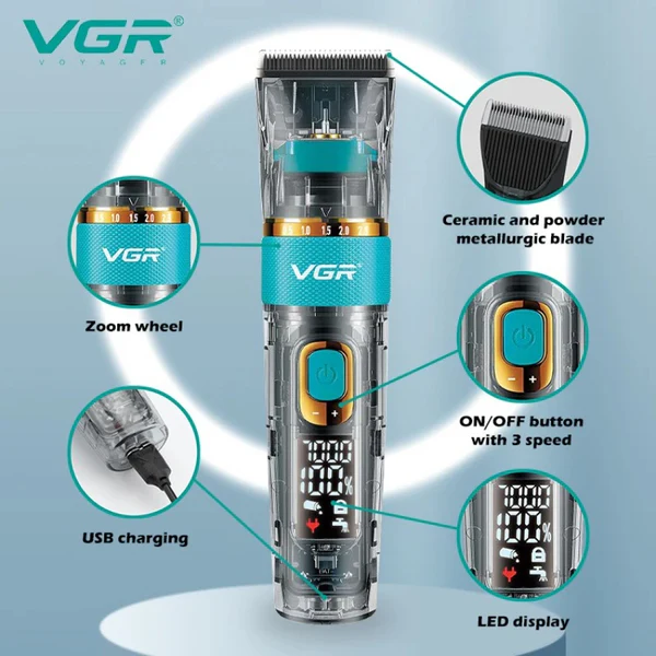 Машинка для стрижки VGR V 695 / Аккумуляторная машинка для стрижки волос + 6 насадок, с USB / Беспроводной триммер для стрижки - изображение 3