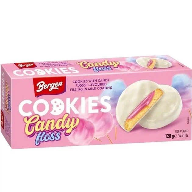 Печиво Bergen Cookies Candy Floss у молочній глазурі з начинкою зі смаком солодкої вати 128 г Польща - Фото 1 Печиво Bergen Cookies Candy Floss у молочній глазурі з начинкою зі смаком солодкої вати 128 г Польща - зображення 1