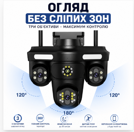 Уличная WiFi IP-камера видеонаблюдения с тремя объективами 8MP PTZ ночное видение и датчик движения - Фото 2 Уличная WiFi IP-камера видеонаблюдения с тремя объективами 8MP PTZ ночное видение и датчик движения - изображение 2