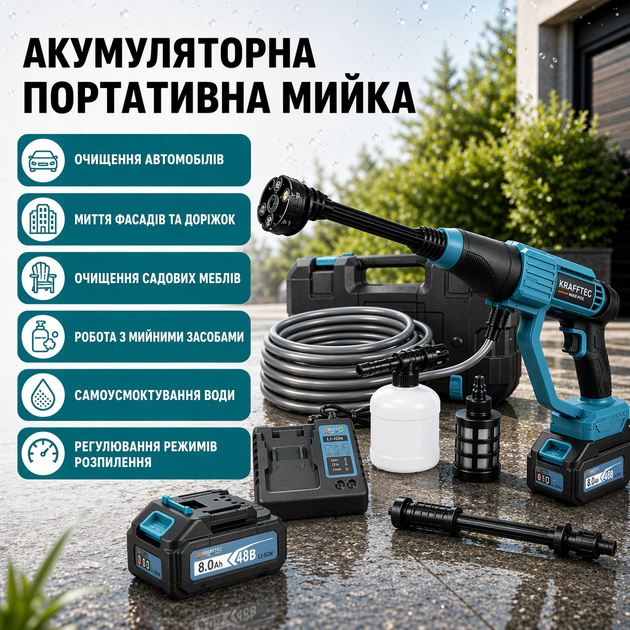 Аккумуляторная портативная мойка Krafftec Germany PRO, 48V, 8 Ah - изображение 3