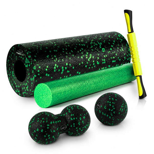 Масажний набір PowerPlay PP_4015 EPP Foam Roller Set 4in1 (2-ва роли + 2-ва м'ячі) Чорно-зелений - изображение 11