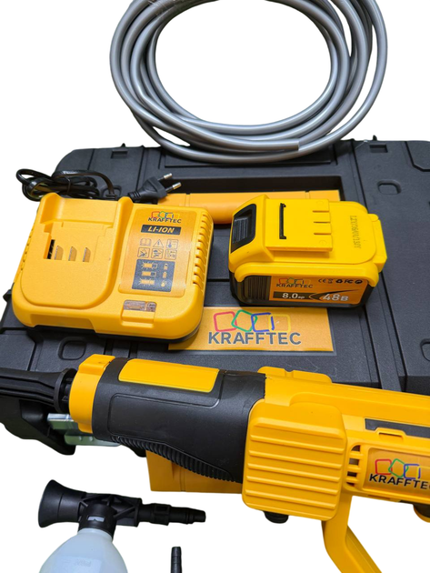 Акумуляторна мийка високого тиску безщіткова Krafftec Germany PRO (48V 8Ah 45 Бар) Ручна автомийка + 2 АКБ та насадки жовта (7567) - изображение 4