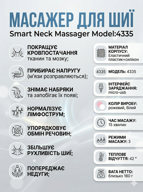 Масажер для шиї для зняття напруги, болю та покращення кровообігу Neck 4335 - Фото 2 Масажер для шиї для зняття напруги, болю та покращення кровообігу Neck 4335 - зображення 2