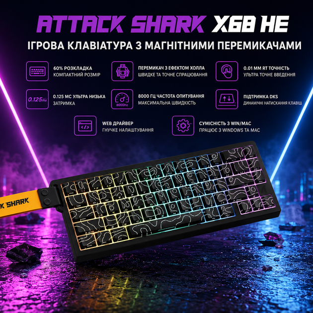 Игровая клавиатура ATTACK SHARK X68 HE Black Магнитные свечи - изображение 3