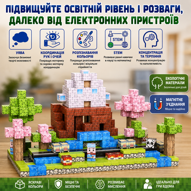 Магнітний конструктор Minecraft Кристальна Фортеця та Сакуровий Біом 100 деталей - зображення 3