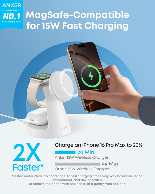 Зарядний пристрій Anker MagGo Wireless Charging Station 3-in-1 15W White - зображення 3