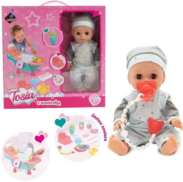 Lalka bobas Askato Tosia z wanienką w szaro-niebieskim ubranku 30 cm (126265) - Zdjęcie 1 Lalka bobas Askato Tosia z wanienką w szaro-niebieskim ubranku 30 cm (126265) - obraz 1