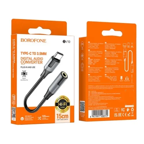Адаптер BOROFONE BV19 Creator Type-C to 3.5 mm Jack, цифровой аудио конвертер с поддержкой микрофона, черный, 15 см - изображение 2