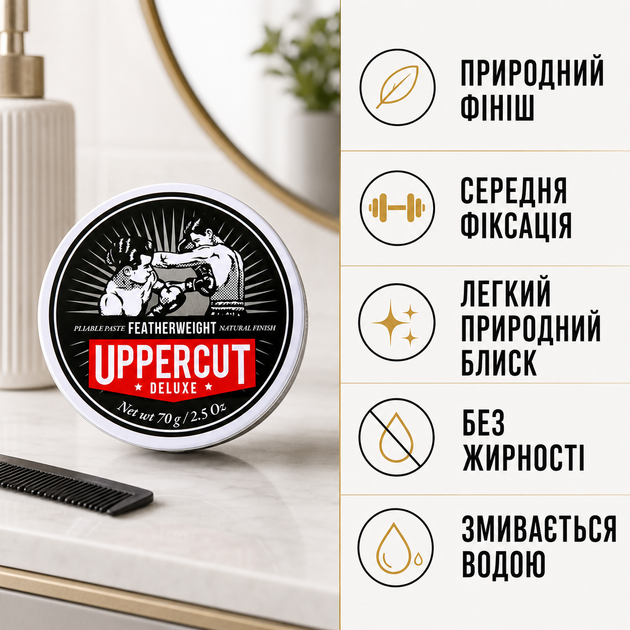 Паста для волос Uppercut Deluxe Featherweight 70 г мужская средней фиксации на водной основе с естественным блеском - Фото 4 Паста для волос Uppercut Deluxe Featherweight 70 г мужская средней фиксации на водной основе с естественным блеском - изображение 4