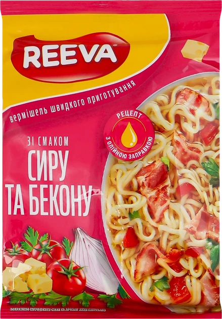 Упаковка вермишели быстрого приготовления Reeva со вкусом сыра и бекона 60 г x 20 шт (4820179256949) - Фото 2 Упаковка вермишели быстрого приготовления Reeva со вкусом сыра и бекона 60 г x 20 шт (4820179256949) - изображение 2