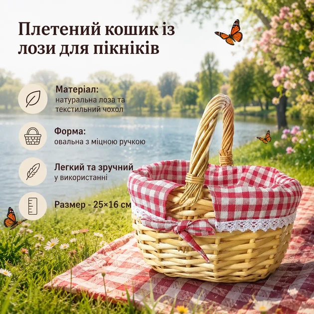 Плетений кошик з лози для пікніків (25*16 см) - Фото 1 Плетений кошик з лози для пікніків (25*16 см) - зображення 1