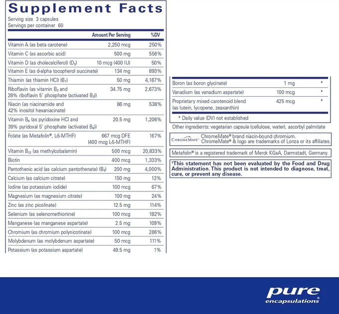Мультивитамины и минералы без меди и железа Pure Encapsulations (Nutrient 950 w/o Copper and Iron) 180 капсул - изображение 2