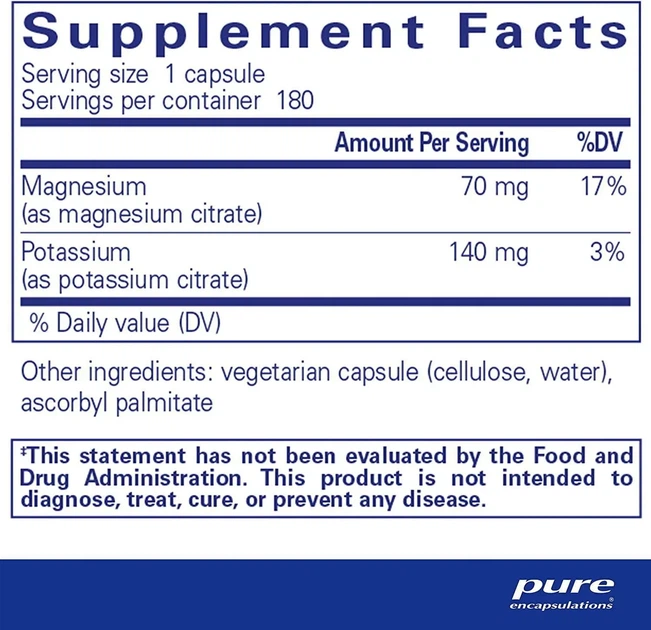 Калий и Магний цитрат Potassium Magnesium (citrate), Pure Encapsulations, 180 капсул - изображение 2