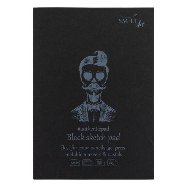 Блокнот-склейка для рисунку AUTHENTIC (black), А5 (14,8*21 см), 165г/м2, 20л, чорний папір, SMILTAINIS - Фото 1 Блокнот-склейка для рисунку AUTHENTIC (black), А5 (14,8*21 см), 165г/м2, 20л, чорний папір, SMILTAINIS - зображення 1