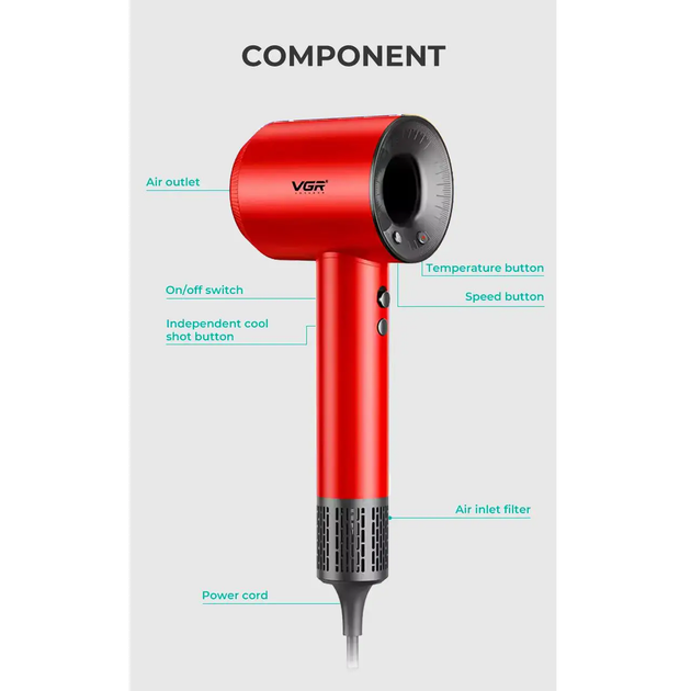 Фен профессиональный для волос VGR V-445 Red - изображение 3