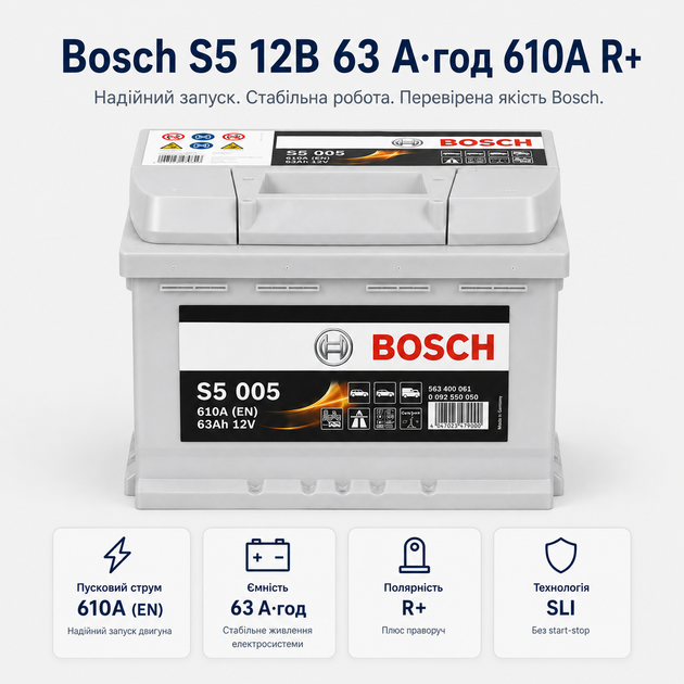 Автомобильный аккумулятор Bosch S5 12В 63Ач 610А R+ для легкового авто (0 092 S50 050) - изображение 2