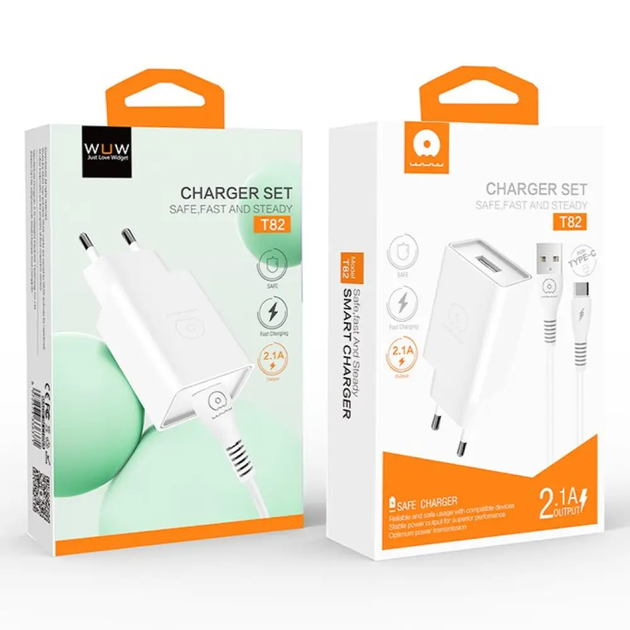 Мережевий зарядний пристрій з кабелем WUW-T82 Single USB home charger set type-c (6972573336555) - Фото 2 Мережевий зарядний пристрій з кабелем WUW-T82 Single USB home charger set type-c (6972573336555) - зображення 2