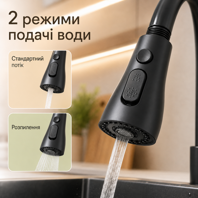 Насадка на кран для кухонного змішувача аератор для води 2 режими насадка для економії води та миття посуду BRS Black - зображення 2