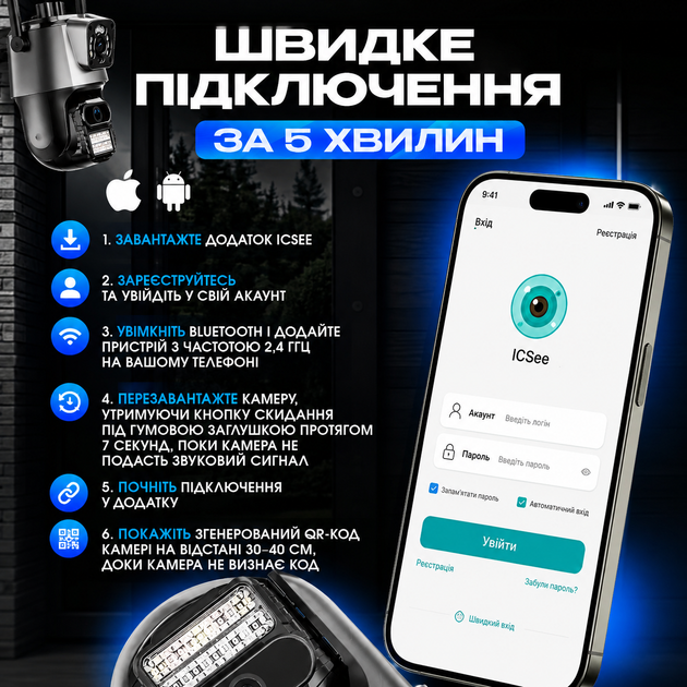 Поворотная уличная WiFi камера ICSEE 8MP 2 объектива приложение iCSee слежение за человеком ночное виденье и обратная связь - Фото 11 Поворотная уличная WiFi камера ICSEE 8MP 2 объектива приложение iCSee слежение за человеком ночное виденье и обратная связь - изображение 11