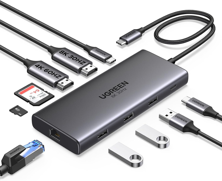 Usb Hub Док-станція UGREEN Revodok Pro 210 USB-C 10-в-1, Dual HDMI 4K 60Hz, 8K, PD 100W, Ethernet - зображення 2