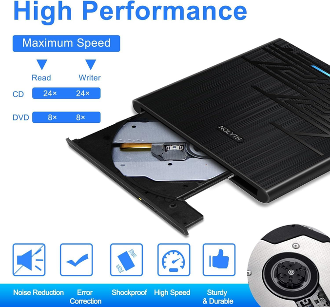 Внешний DVD/CD привод NOLYTH 5-в-1 USB 3.0 Type-C — Портативный дисковод для MacBook и Windows с SD/TF и Аудиовыходом - изображение 4