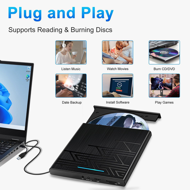 Внешний DVD/CD привод NOLYTH 5-в-1 USB 3.0 Type-C — Портативный дисковод для MacBook и Windows с SD/TF и Аудиовыходом - изображение 5