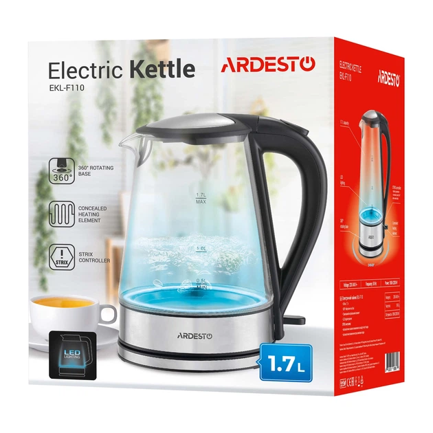 Електрочайник Ardesto 1.7л, Strix, скло, чорний (00109428) - изображение 7