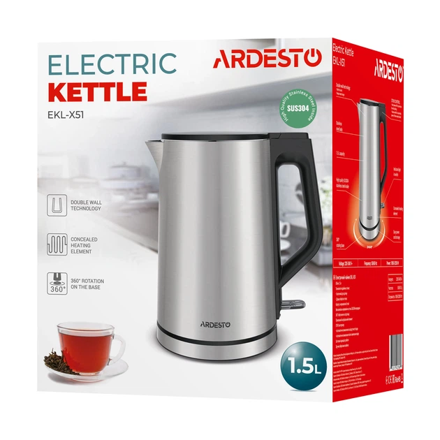 Електрочайник Ardesto Steel Collection 1.5л, подвійні стінки, сріблястий (00109451) - зображення 14