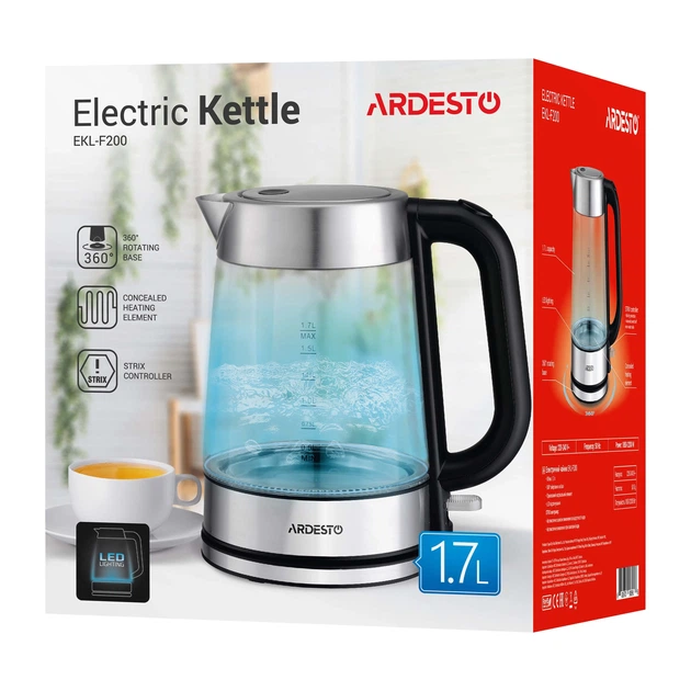 Електрочайник Ardesto 1.7л, Strix, скло, сріблясто-чорний (00109433) - изображение 7