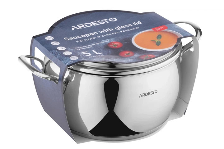 Каструля Ardesto Gemini Liguria зі скляною кришкою нержавіюча сталь 5,1л 22см для склокерамічних еле (00107449) - зображення 2