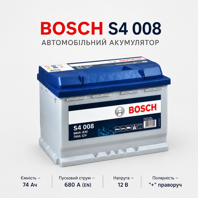 Автомобильный аккумулятор Bosch S4 12В 74Ач 680А R+ для легкового авто (0 092 S40 080) - изображение 2