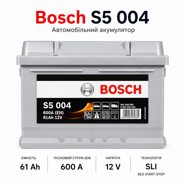 Автомобильный аккумулятор Bosch S5 12В 61Ач 600А R+ для легкового авто (0 092 S50 040) - изображение 2