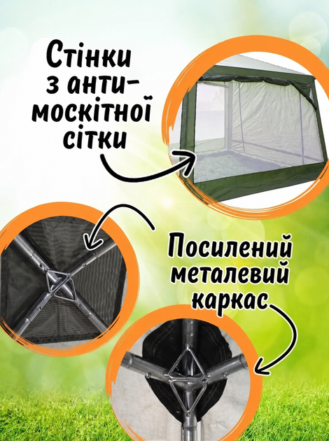 Намет туристичний кемпінговий 3-місний зелений 320×320×245 см з москітною сіткою (49675858) - зображення 4