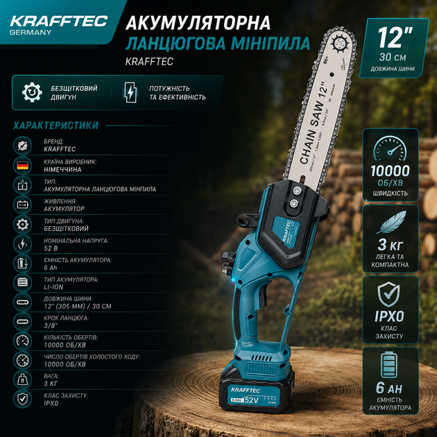 Аккумуляторная бесщеточная цепная мини-пила Krafftec 12" - изображение 2
