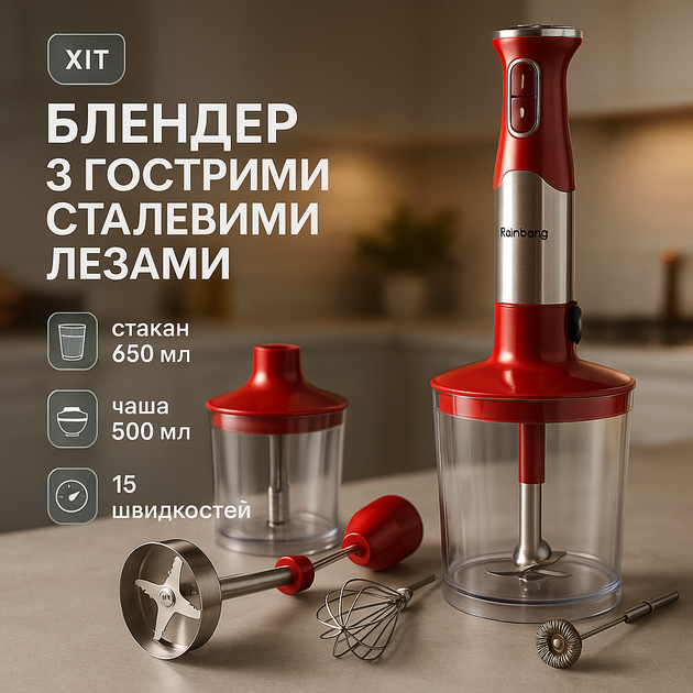 Блендер 5в1 Rainberg RB-2307 многофункциональный погружной и стационарный Red - изображение 2