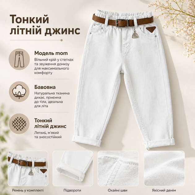 Джинсы mom DDXP-Kids детские летние тонкие на резинке 10-17 лет, Белый, 128 - Фото 2 Джинсы mom DDXP-Kids детские летние тонкие на резинке 10-17 лет, Белый, 128 - изображение 2