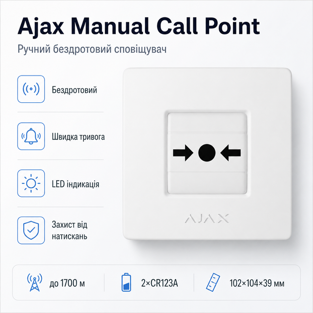 Беспроводной ручной пожарный извещатель Ajax Manual Call Point (8EU) ASP для тревожной сигнализации White - изображение 2