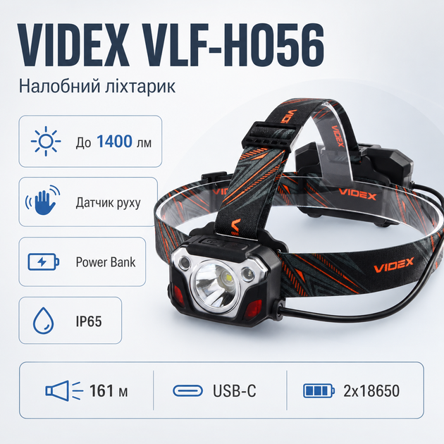 Ліхтар налобний VIDEX H056 час роботи до 14 годин 1400Lm 6500K IP65 Чорний - зображення 2