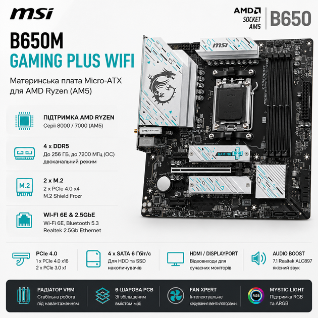 Материнская плата MSI B650M GAMING PLUS WIFI Micro-ATX sAM5 AMD B650 4xDDR5 2xM.2 4xSATA DP HDMI 2.5GbE Black (911-7E24-013) - изображение 2