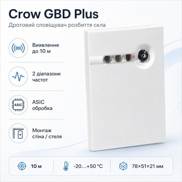 Дротовий сповіщувач розбиття скла Crow GBD Plus покриття до 10 метрів ASIC Білий - зображення 2