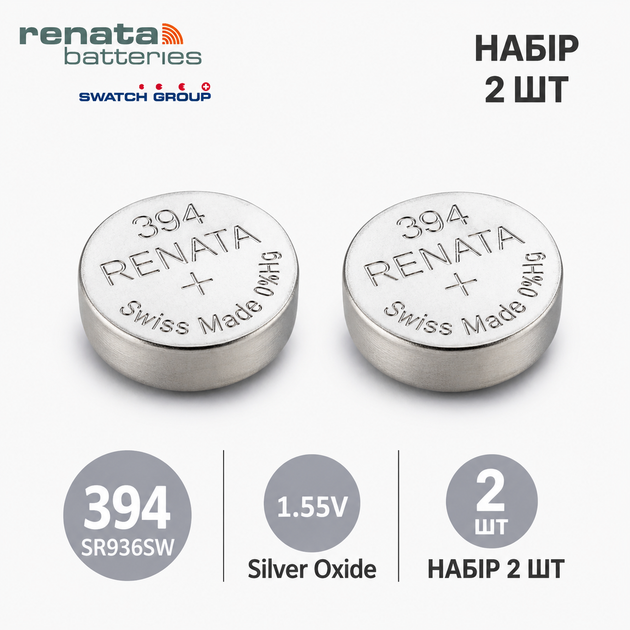 Батарейка Renata 394 (SR936SW) 2 ШТУКИ, серебряно-оксидная, 1.55V, для часов, Швейцария - Фото 1 Батарейка Renata 394 (SR936SW) 2 ШТУКИ, серебряно-оксидная, 1.55V, для часов, Швейцария - изображение 1