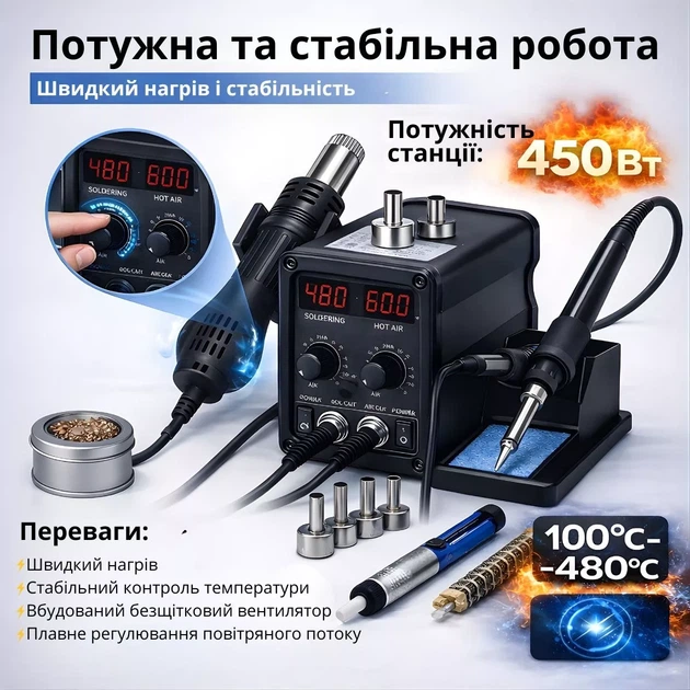 Паяльна станція JCD 2в1 8898 80Вт з термофеном 750Вт, 2xРК, комплектуючі - Фото 12 Паяльна станція JCD 2в1 8898 80Вт з термофеном 750Вт, 2xРК, комплектуючі - зображення 12
