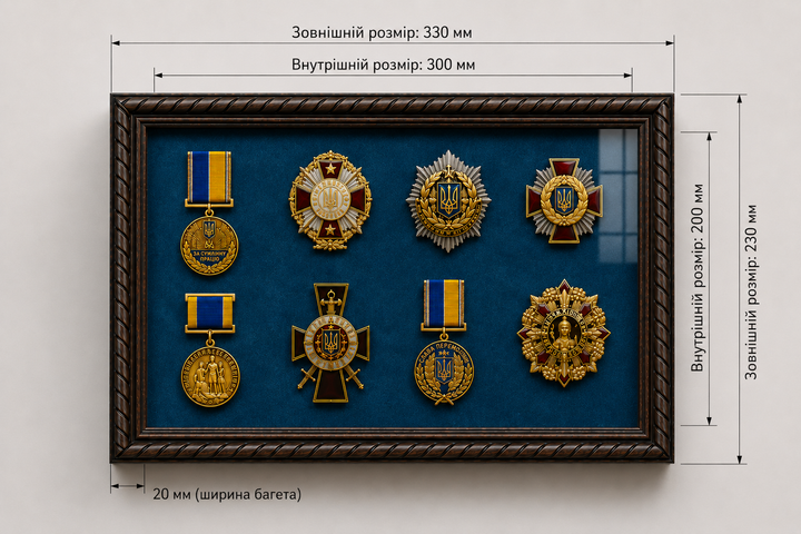 Рамка для военных Медалей и Наград (200х300х34 мм.) Багет пластиковый с текстурой дерева AM-2034-B84 (с защитным стеклом 1,5 мм, Синей бархатной /велюровой обивкой, задником ДВП с креплениями на стену, и ножкой, при необходимости) BagetiKo - изображение 3