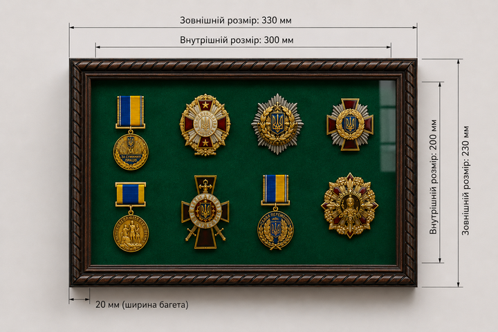 Рамка для военных Медалей и Наград (200х300х34 мм.) Багет пластиковый с текстурой дерева AM-2034-B84 (с защитным стеклом 1,5 мм, Зелёной бархатной /велюровой обивкой, задником ДВП с креплениями на стену, и ножкой, при необходимости) BagetiKo - изображение 3