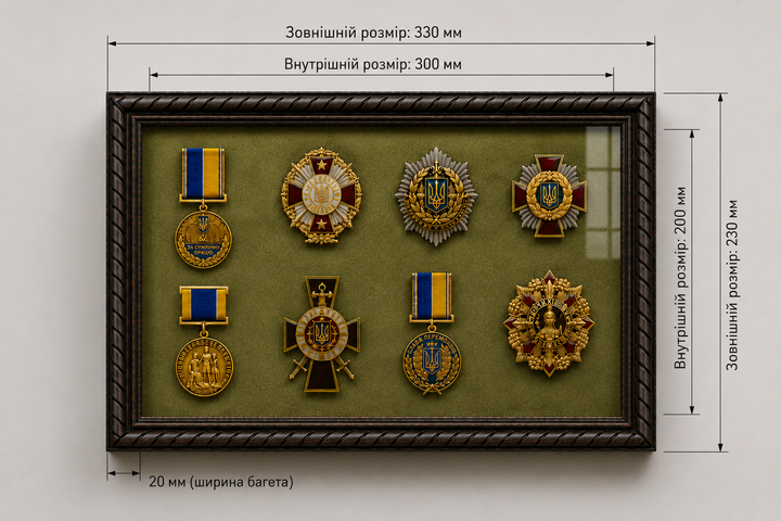 Рамка для військових Медалей та Нагород (200х300х34 мм.) Багет пластиковий з текстурою дерева AM-2034-B84 (з захисним Склом 1,5 мм, Бархатною /велюровою оббивкою кольору Хакі, задніком ДВП з кріпленнями на стіну, та ніжкою, за потреби) BagetiKo - зображення 3
