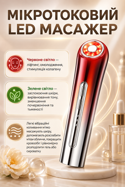 Микротоковый LED массажер для лица с RF-лифтингом, красным и зеленым светом, вибрацией и аккумулятором 800 mAh - Фото 1 Микротоковый LED массажер для лица с RF-лифтингом, красным и зеленым светом, вибрацией и аккумулятором 800 mAh - изображение 1