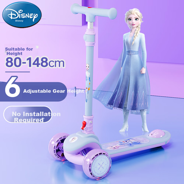 Детский самокат Disney для детей от 3 до 12 лет, очень широкий и просторный, с яркими колесами, беговел принцессы Эльзы, регулируемая высота, самокат с поворотными педалями. - изображение 7