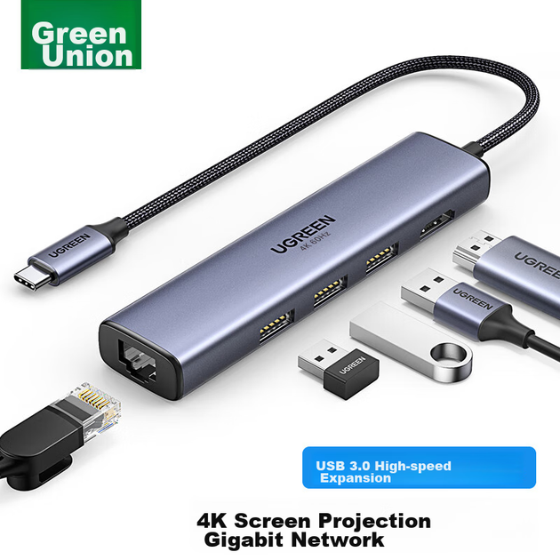 Док-станция расширения UGREEN Type-C, компьютерный конвертер, док-станция расширения порта Gigabit Ethernet, HDMI-адаптер для игр с разрешением 4K и частотой обновления 60 Гц, многофункциональный интерфейс для компьютеров, совместим с Apple и Huawei. - изображение 2